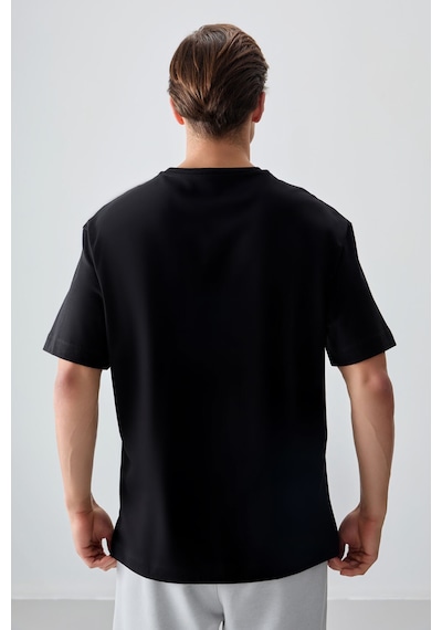 Air Jones Tommy Life Siyah %100 Pamuk Kalın Yumuşak Dokulu Oversize Fit Baskılı Erkek T-shirt - 88355 Siyah
