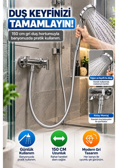 150 Cm Gri Pvc Duş Hortumu Esnek Banyo Duş Başlığı Hortumu Metal Bağlantılı Pratik Kullanım Tek Adet