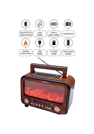Nostaljik Radyo Şömine Görünümlü Müzik Kutusu Retro Ahşap -bluetooth Hoparlör Speaker & Usb Destekli Fp-2393
