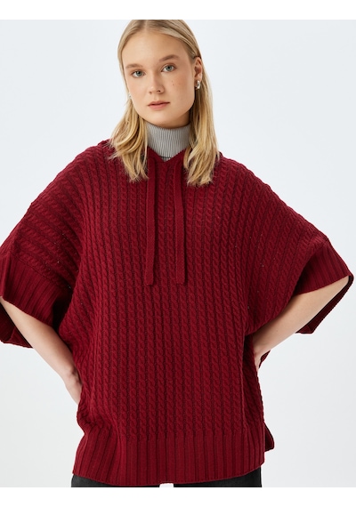 Koton Oversize Triko Panço Kapüşonlu Örgü Dokulu Kısa Kollu Bordo 5wal90033ht Bordo