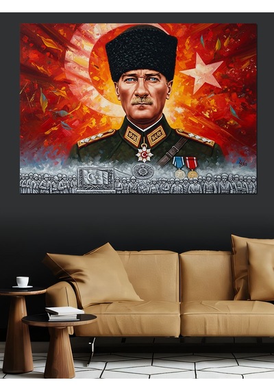 Türk Bayrağı, Kalpak Başlıklı Atatürk Ve Kahraman Türk Askeri Dekoratif Kanvas - Mdf Ahşap Tablo