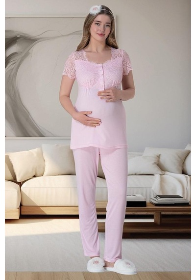 Mecit Pijama Mecit 6063 Kadın Hamile Lohusa Pembe Sabahlık Gecelik Pijama Set 001