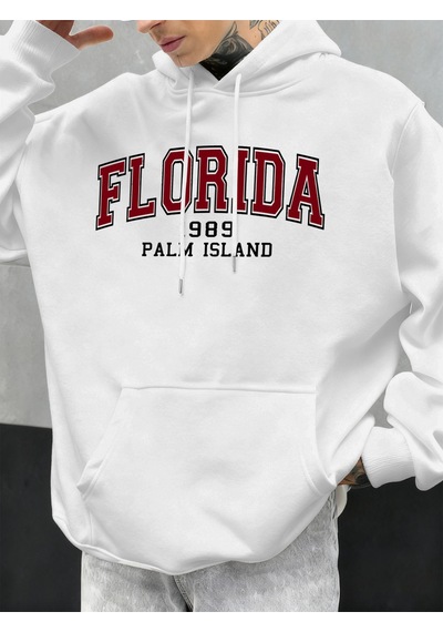 Startmore Startmoreflorida 1989 Palm Island Baskılı Erkekler Kapşonlu Rahat Büyük Boy Kazak Sonbahar Polar Kapüş Beyaz