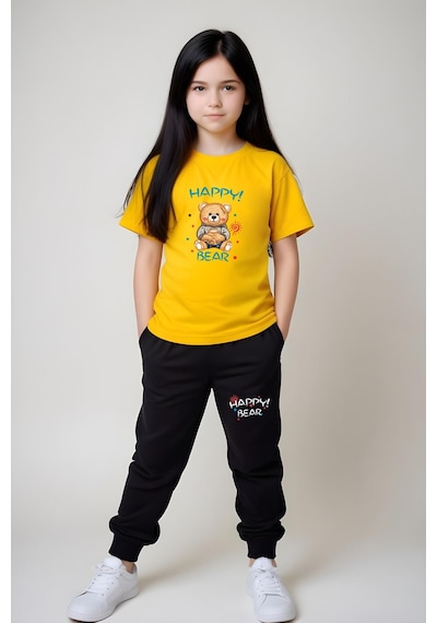 Fyk Kids Kız Çocuk Baskılı Happy Bear Bel Detayı Lastikli Alt-üst Pijama Takımı Sarı