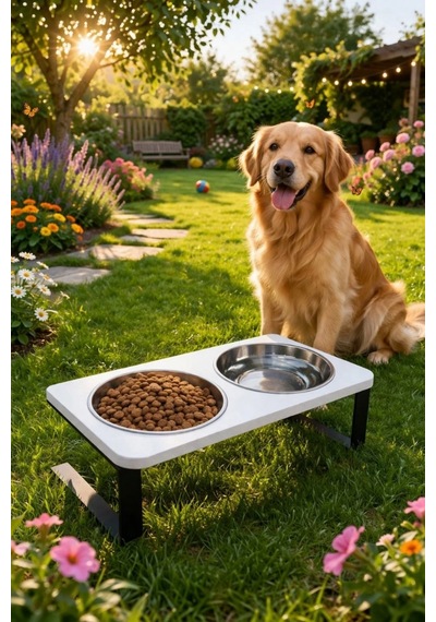 Reyo Ok-ay Store Radessa Xl Yüksek Standlı Çift Hazneli Mama Ve Su Kabı, Büyük Ve Orta Boy Köpek Ve Kedi Su Kabı Paslanmaz Çelik Beyaz