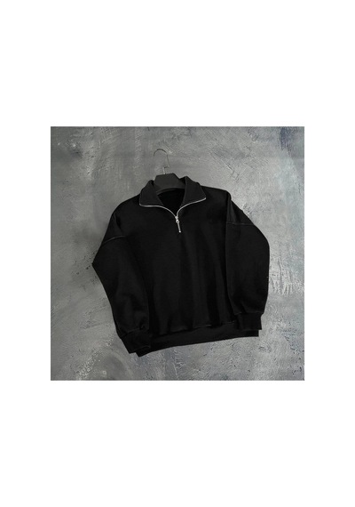 Erkek Yarım Fermuarlı Üç İplik Sweatshirt - Siyah