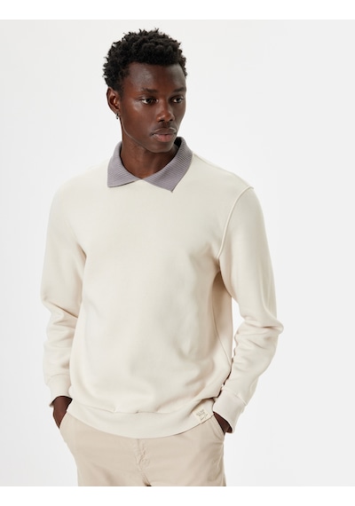 Koton Polo Yaka Sweatshirt Uzun Kollu Pamuk Karışımlı Bej 5wam70030mk Ekru