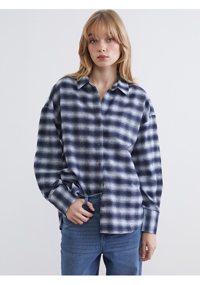 Lcw Vision Lacivert Ekose Oversize Kadın Oduncu Gömlek