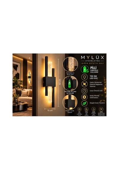 Mylüx Kabarcıklı Kirpi Aplik Siyah Pilli Kablosuz 9w Led 50 Cm Modern Duvar Apliği Siyah Siyah