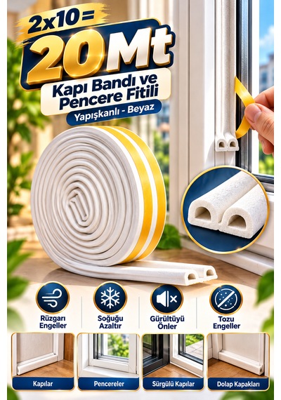 Kapı Bantı Ve Pencere Fitili Bandı Yapışkanlı Beyaz 2 x 10 M