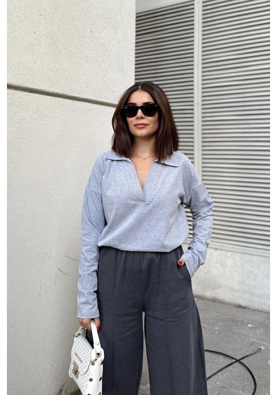 WeShaya Kadın Gri Polo Yaka Basic Bluz, Uzun Kol, Regular Kesim, Günlük Ve Spor Kaliteli Kumaş Sweatshirt Gri