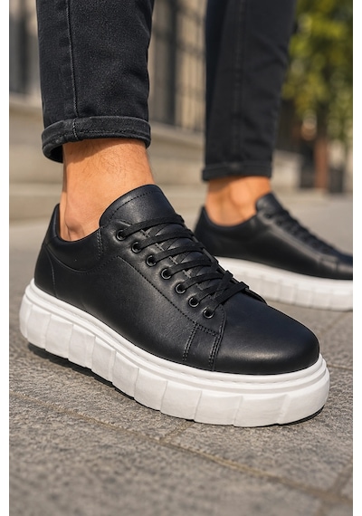 Mevese Ares Bağcıklı Cilt Erkek Günlük Sneaker Yüksek Taban Ayakkabı - Siyah Beyaz