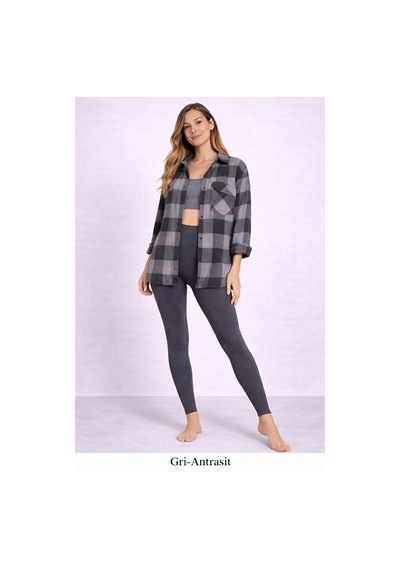 Pantofit Şardonlu Yüksek Bel Kadın Tayt Toparlayıcı Slim Fit Kışlık Ka Gri