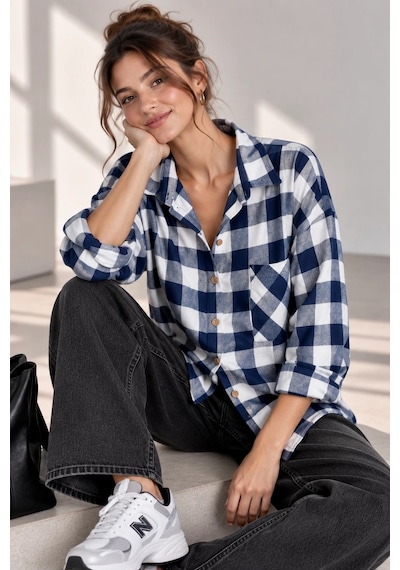 Bb Butik Basic Kadın Ekose Gömlek Oversize Oduncu Gömlek Uzun Kollu Cepli Günlük Tr0935 Lacivert
