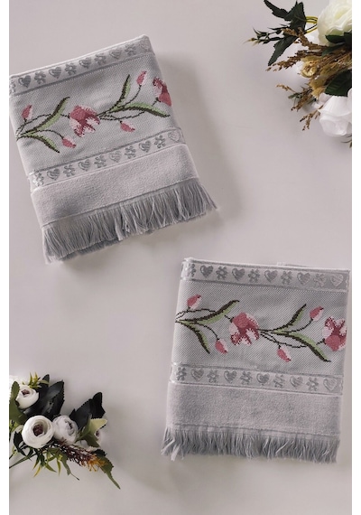 Gül Nakışlı Jakarlı Kadife El Yüz Havlusu - 50x90 Cm-gri Grı Gri