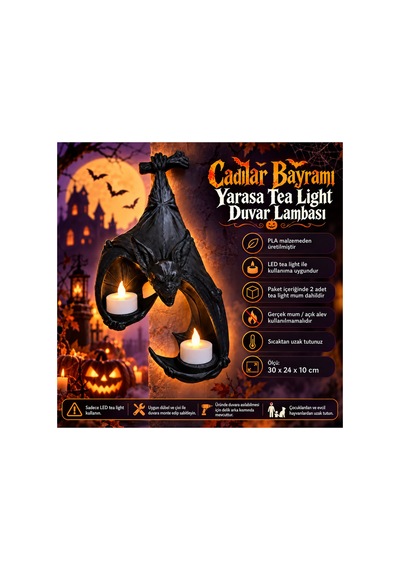 Halloween Yarasa Led Tea Light Duvar Lambası 30 Cm Cadılar Bayramı Dekoratif Gece Lambası Gothic Ev Dekoru Siyah Siyah