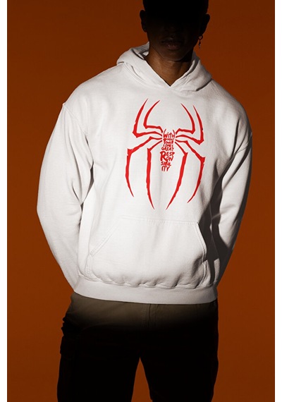 Sevbano Spider-man Logo Baskılı Unisex Oversize Örümcek Adam Hoodie Beyaz