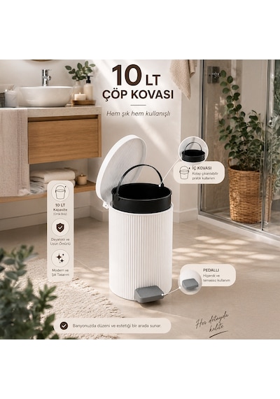 Porsima 0706-1 Still Beyaz 10 Litre Pedallı İç Kovalı Yuvarlak Banyo & Mutfak Çöp Kovası Yok
