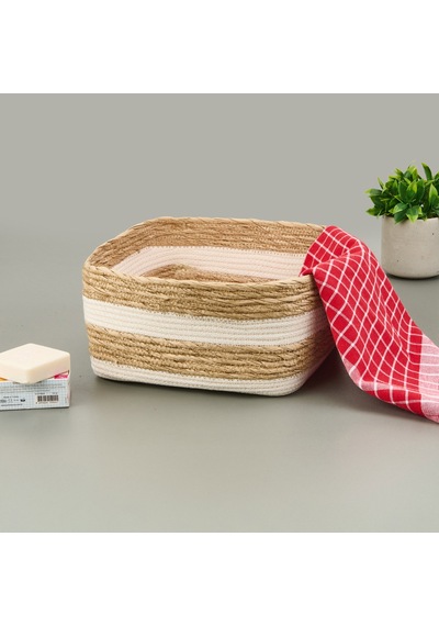 Living Boho Style Büyük Kağıt İp Sepet - Bej / Beyaz - 28x28x14 Cm Çok Renkli