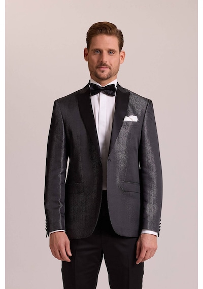 Ysf Erkek Siyah Slim Fit Kırlangıç Yaka Desenli Damatlık