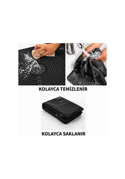 Silikon Hamur Açma Yoğurma Matı Skalalı Kaymaz Yapışmaz Kolay Temizlenebilir 40x50 Cm Siyah