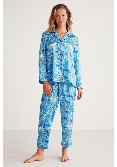 Penye Mood Kadın Uzun Kol Önden Düğmeli Mavi Pijama Takım C4t3n6o9 001