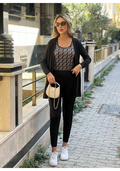 Kadın Uzun Kollu Krep Üçlü Takım Siyah