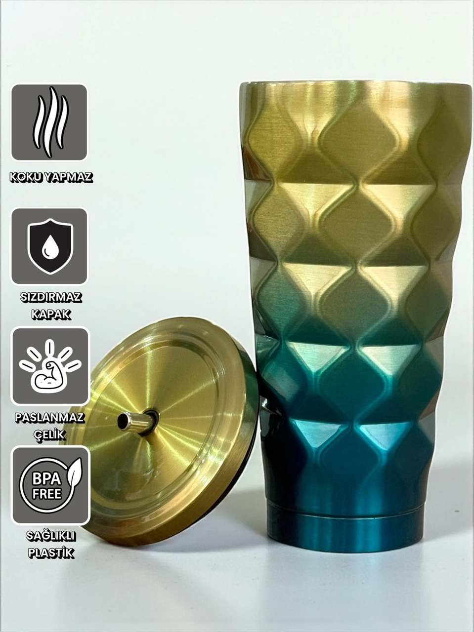 Mango Renkli Geometrik Pipetli Termos 500 Ml-soğuk Ve Sıcak İçecekler İçin Mavi - Sarı