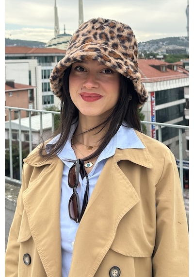 Mollycrush Kadın Kışlık Leopar Desenli Peluş Şapka Soğuk Geçirmez Sıcak Tutan Bucket Camel Leopar