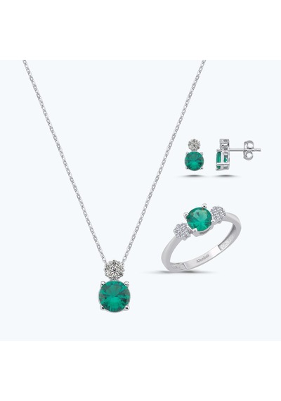 Altınbaş Yeşil Taşlı Altın Üçlü Yuvarlak Set Autk0034-b-24627-y-set