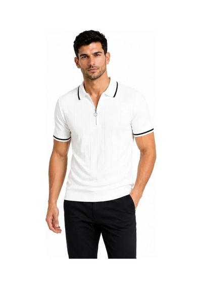 DefyModa Erkek Fitilli Triko T-shirt Polo Yaka Yarım Fermuarlı Kısa Kollu Tişört - Beyaz
