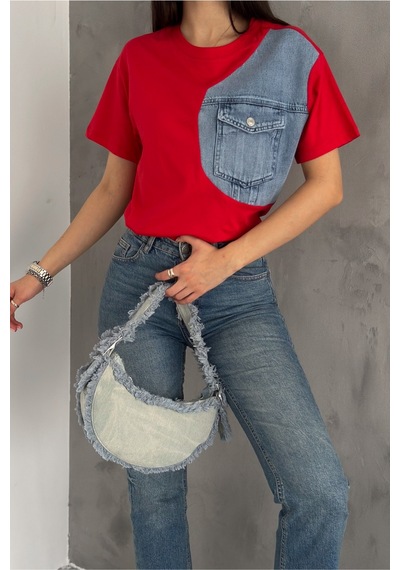 Femelle Kadın Kırmızı Denim Kot Detaylı Cepli Tasarım Pamuklu Tişört