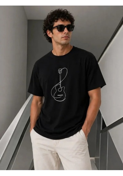 Efnaz Style Erkek Minimal Gitar Baskılı Tişört T-shirt Yazlık Kısa Kol Bisiklet Yaka T-shirt - Siyah