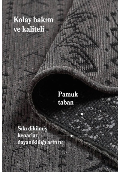 Bohem Tarz Dekoratif Pamuk Taban Şönil Kilim Antrasit Renk Halı