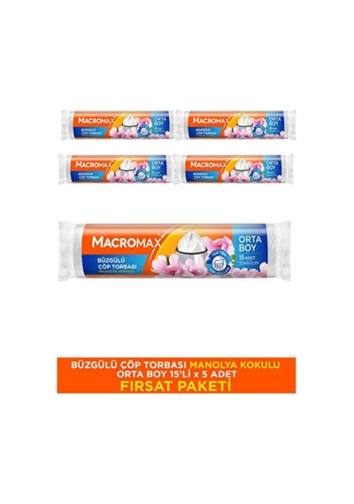 Macromax Orta Büzgülü Çöp Poşeti Manolya Kokulu 15 Li 5 Adet beyaz