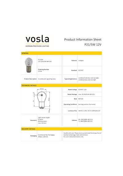 Vosla 12v 1016 Ampul 21/5w Bay15d P21/5w Vs37916 10 Lu