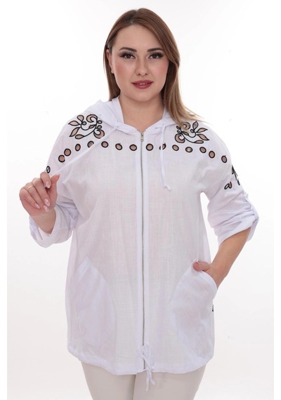 Lady Majestic Büyük Beden %100 Cotton Kapüşonlu Hırka Rahat Ve Şık Tasarım - 44462 Beyaz