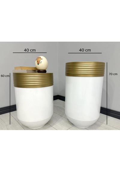 Elegant Dekoratif Eskitme Darbuka Parlak Beyaz Saksı 70cm + Sehpa 60cm İkili Set
