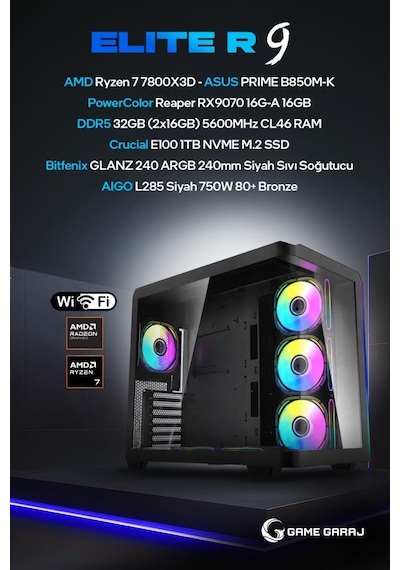 Game Garaj ELITE-R9 R7-7800X3D RX9070 32 GB 1 TB SSD Free Dos Oem Paket Masaüstü Oyuncu Bilgisayarı