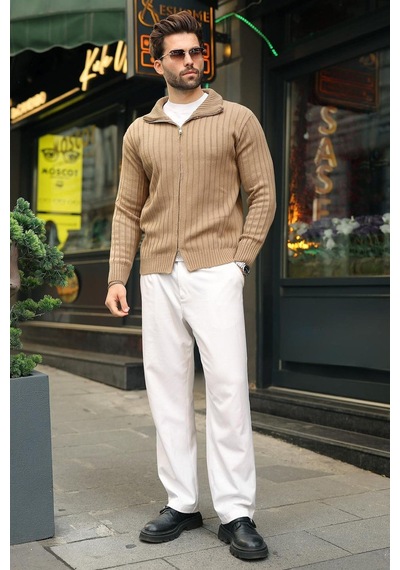 Madmext Vizon Çift Fermuarlı Slim Fit Çizgili Erkek Triko Hırka E7522