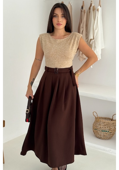 Noa & Noa Kadın Pileli Kemerli Maxi Vatkalı Premium Elbise Zarif & Duru Stil Kahverengi Noa & Noa Kadın Pileli Kemerli Maxi Vatkalı Premium Elbise Zarif & Duru Stil Kahverengi
