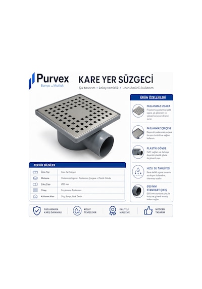 15x15 Paslanmaz Izgaralı Yandan Çıkışlı 50'lik Banyo Yer Süzgeci
