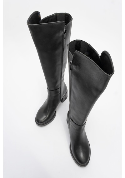 Luvishoes Luvi Shoes Moreni Siyah Cilt Streç Detaylı Tokalı Kadın Kalın Topuklu Çizme Siyah Mat