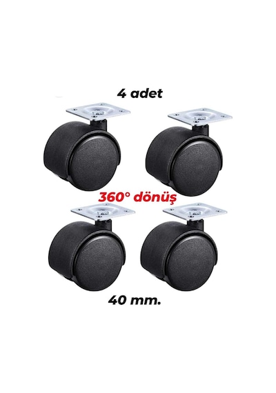 4 Adet Düz Tabanlı Çap 40mm. Döner Tekerlek-9051555100456