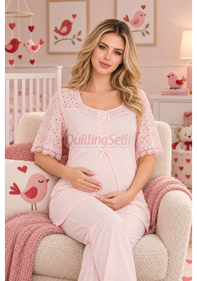 Lady Bebe Pembe Renkli Dantel Detaylı 33207 Kısa Kol 2 Parça Lohusa Hamile Pijama Takımı Açık Pembe