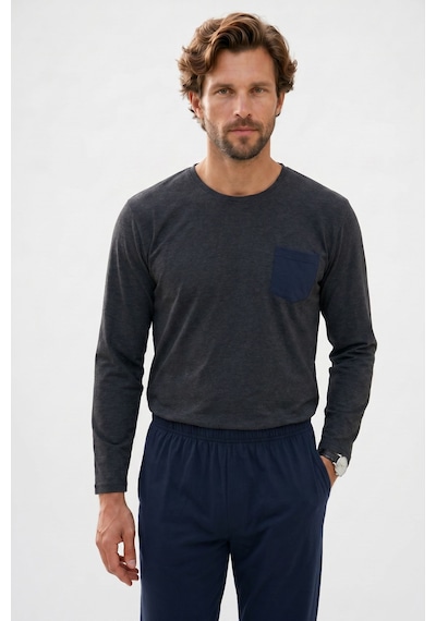 Tudors Erkek Standart Fit Rahat Kesim Uzun Kollu Pamuklu Gri Lacivert Pijama Takımı-51177