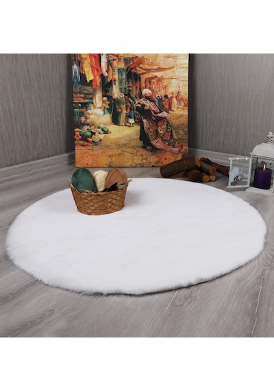Dekoratif Tavşan Tüyü Ultra Yumuşak Peluş Yuvarlak Halı Beyaz