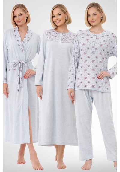 Mecit Pijama Mecit 6320 Mavi Büyük Beden Kadın Sabahlık Pijama Gecelik Set Mavi