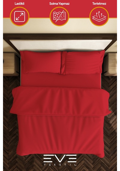Eve Tekstil %100 Pamuk Ranforce Çarşaflı Yastık Ve Yorgan Kılıflı Çift Kişilik Nevresim Takımı 200x220 Cm Kırmızı