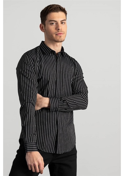 Tudors Slim Fit Dar Kesim Çizgili Oxford Spor Gömlek-20628 Siyah